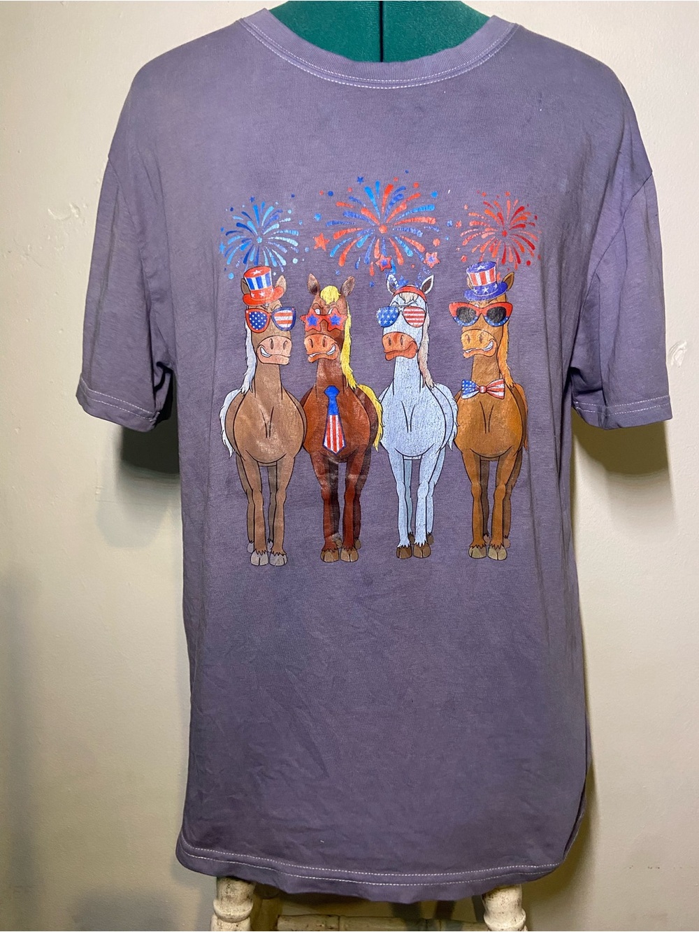 4th of July Patriotic Equestrian America Dusty Purple Tee with Patriotic Horses